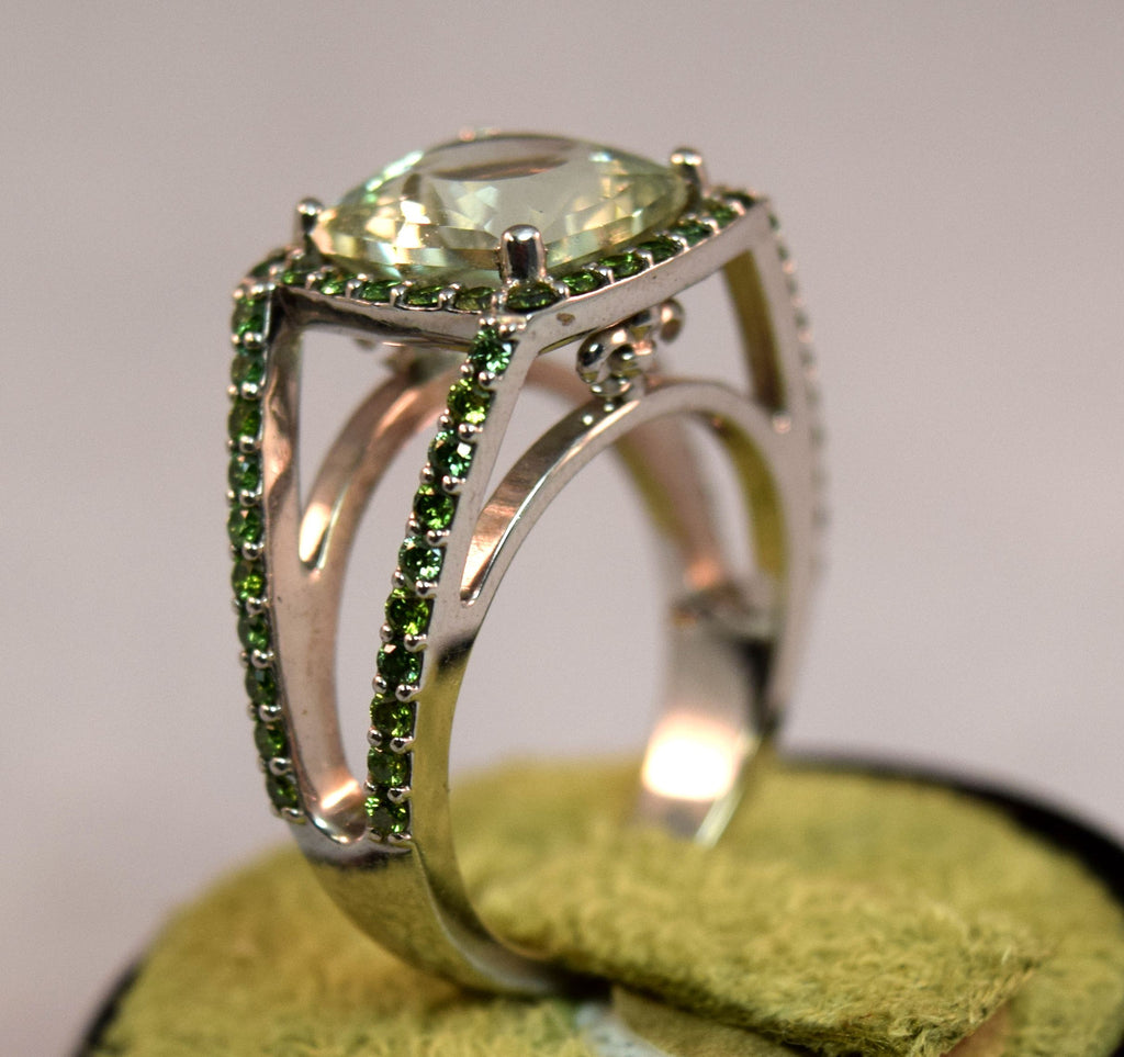 White Gold Green Amethyst and Green Diamond Ring