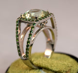 White Gold Green Amethyst and Green Diamond Ring