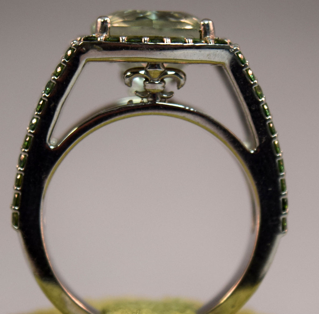 White Gold Green Amethyst and Green Diamond Ring