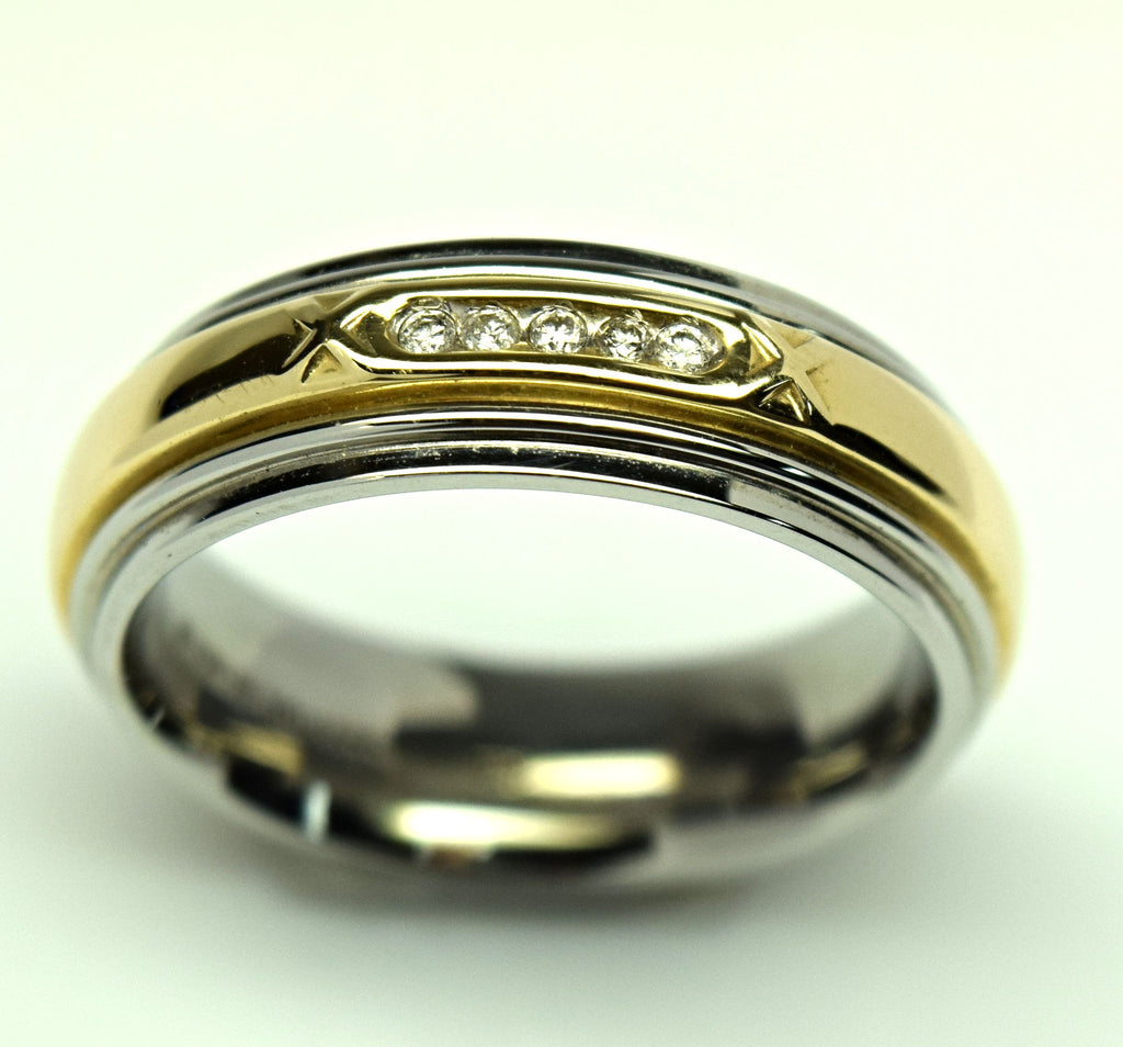Men's Stainless Steel 14K Yellow Gold and Diamond Ring Men