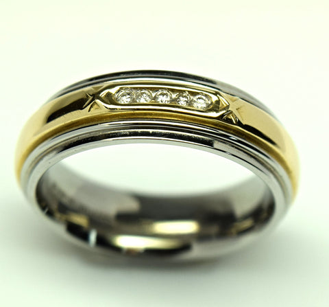 Men's Stainless Steel 14K Yellow Gold and Diamond Ring