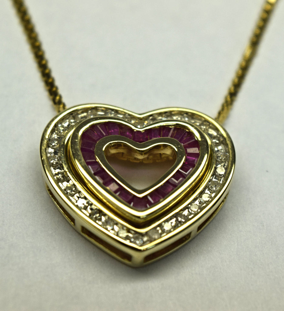 Yellow Gold Heart diamond ruby neckalce