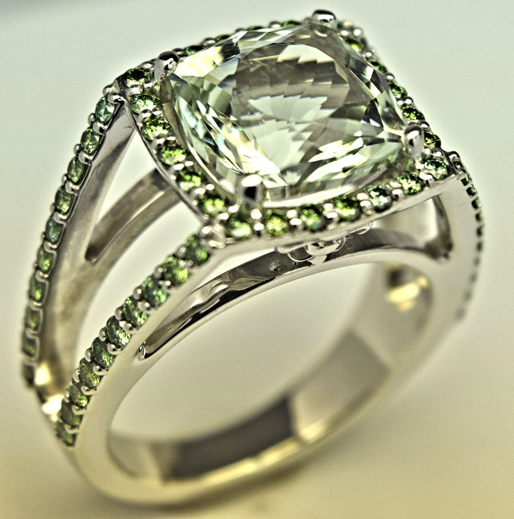 White Gold Green Amethyst and Green Diamond Ring