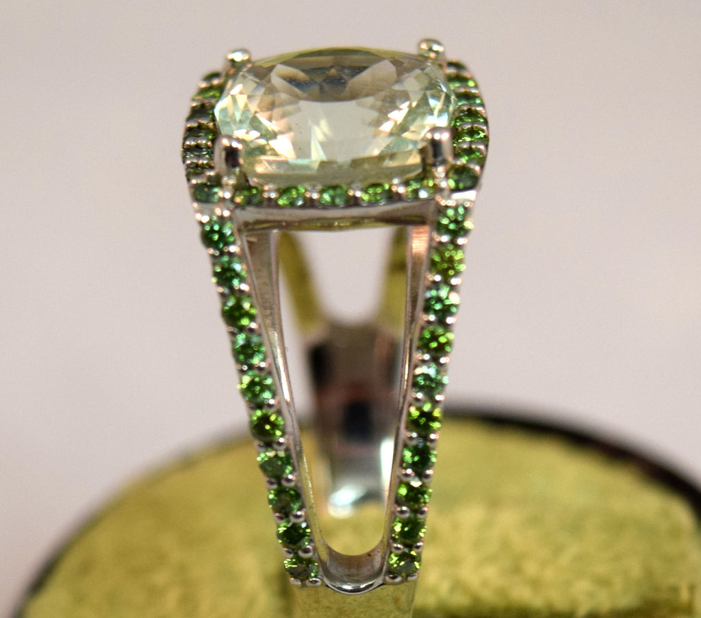 White Gold Green Amethyst and Green Diamond Ring