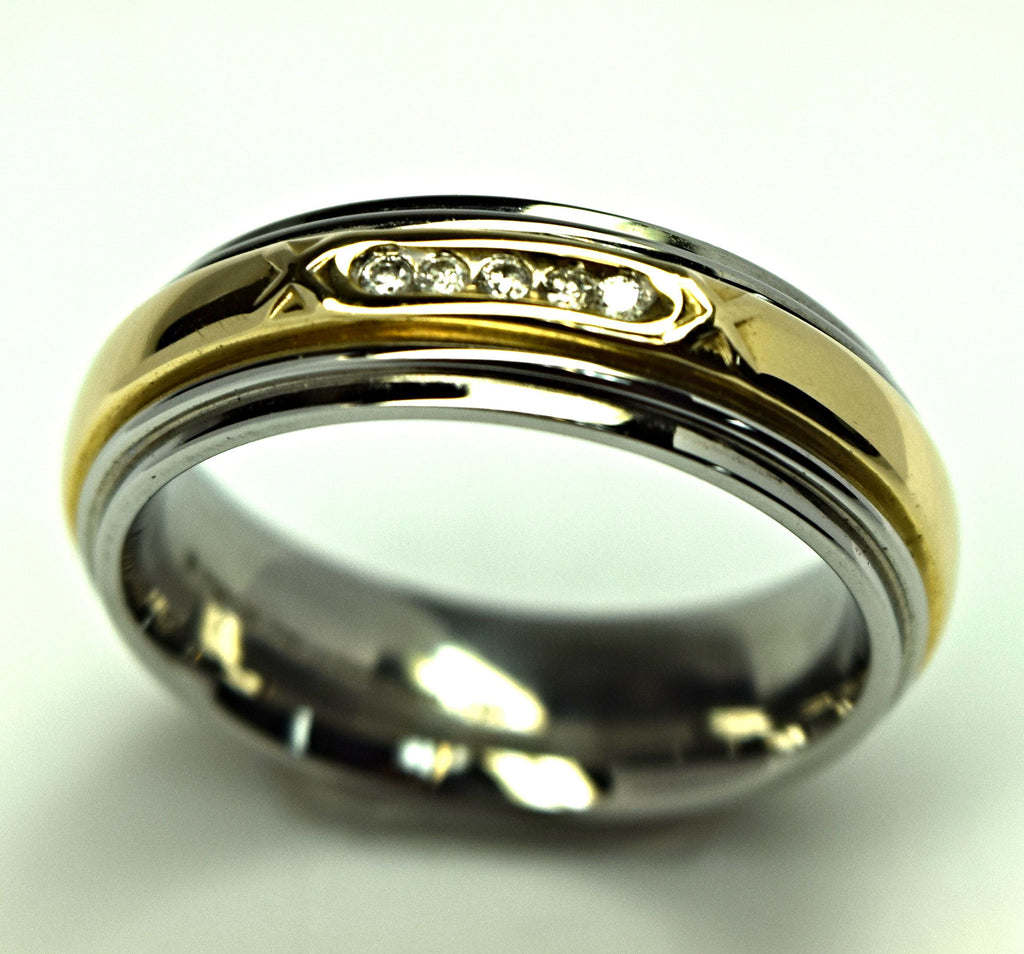 Men's Stainless Steel 14K Yellow Gold and Diamond Ring