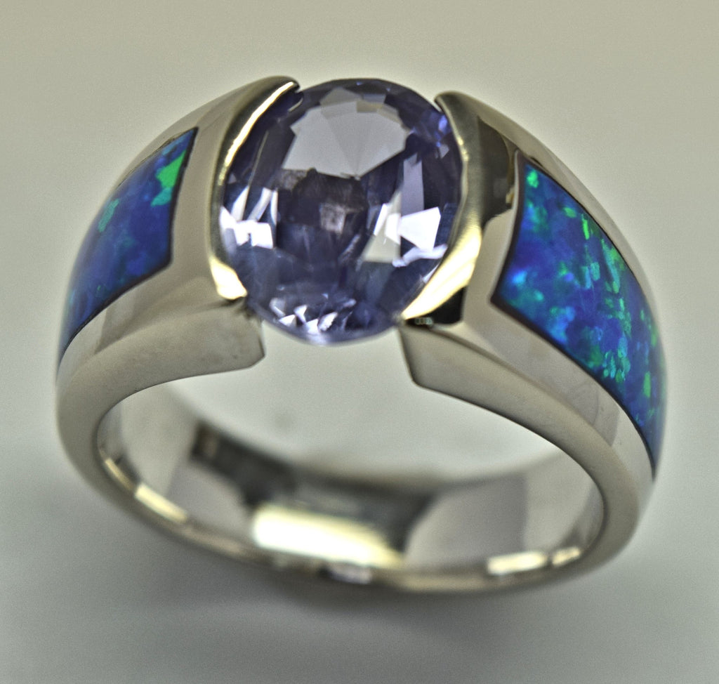 White Gold Iolite Blue Opal Ring